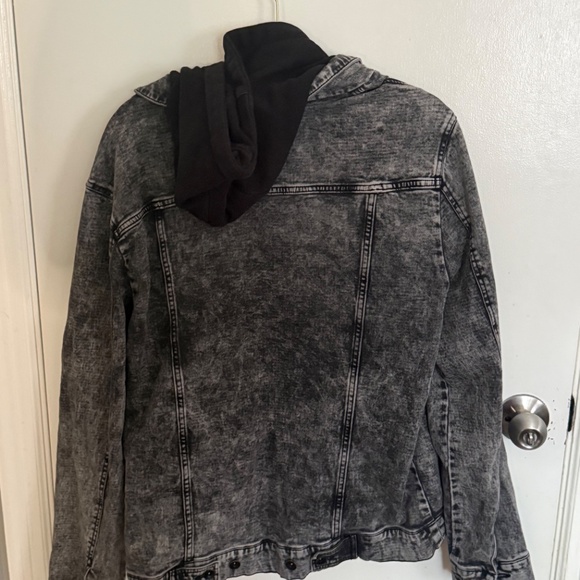 2X Blue Crown Acid Wash Denim Jacket 2XL Hooded Grey Skater Tillys - Picture 4 of 10